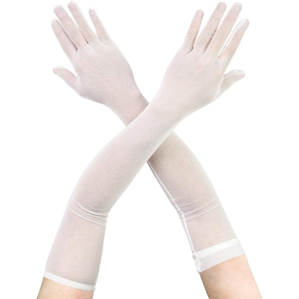 Women's Fashion White Mesh Long Satin Gloves Design Weddings Party Costume
